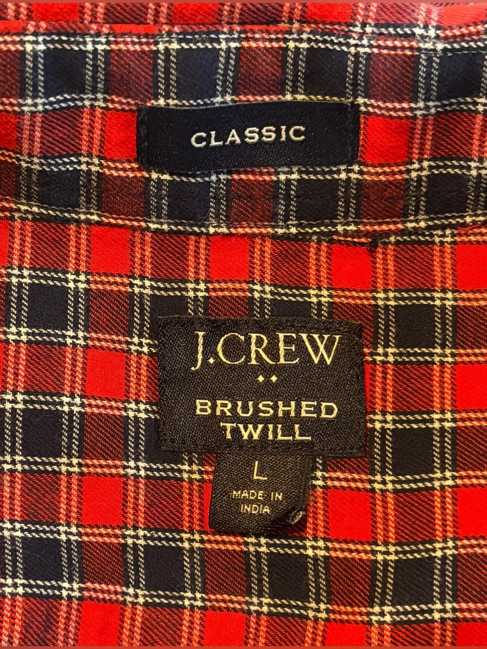 J. Crew Red and Navy Plaid Brushed Twill Button-Down Shirt, Size: L (6531)